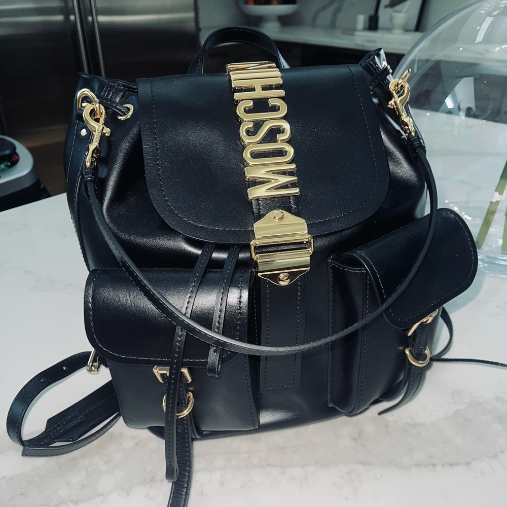 MOSCHINO Belt Backpack Smooth Leather Black RARE